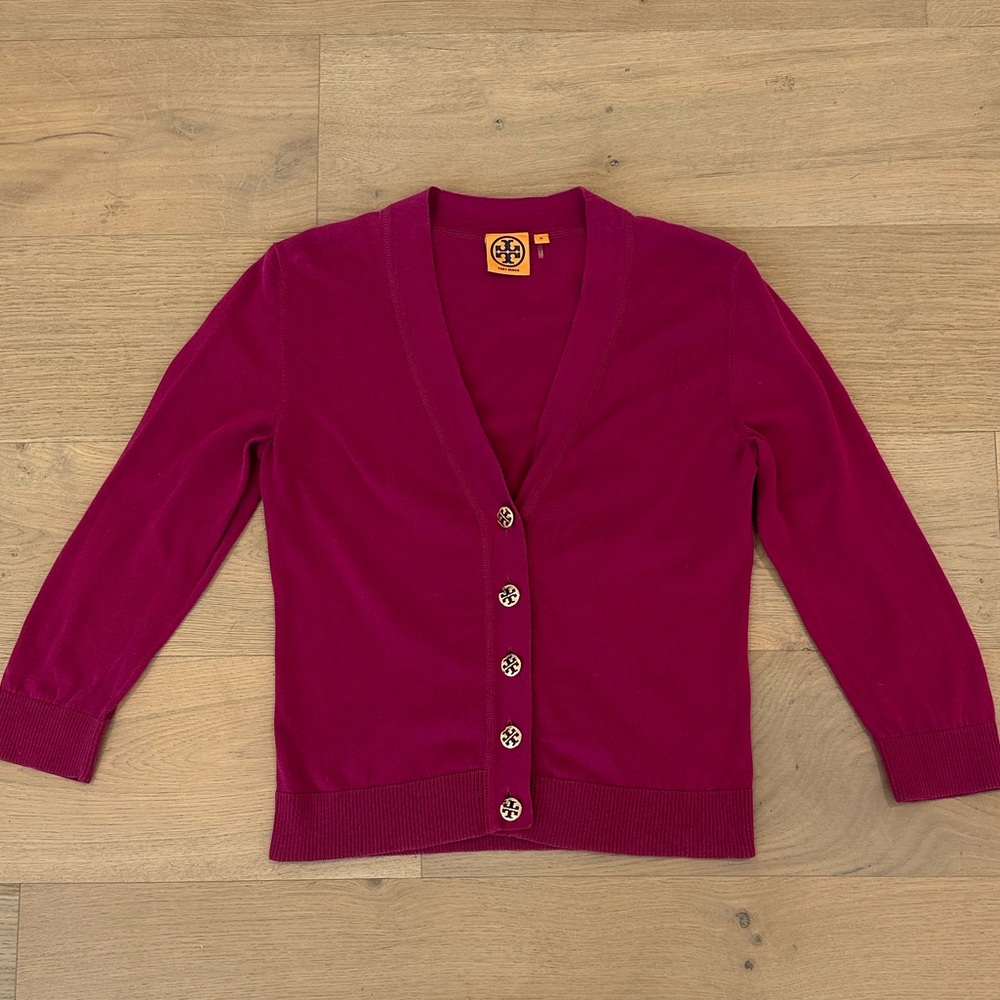 Tory Burch Deep Red Cardigan Sweater with Gold Buttons